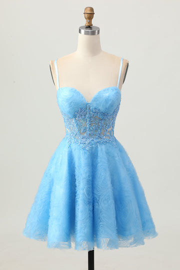 A Line Blue Short Corset Prom Dress with Appliques